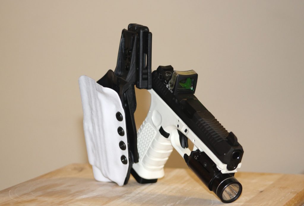 White Custom Glock 17 with White/Black Drop Holster with light and RMR